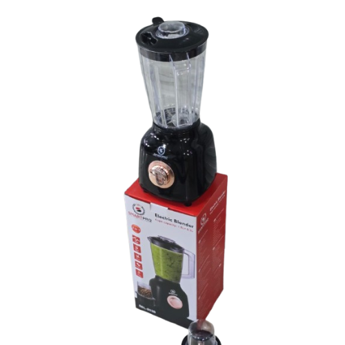 The SmartPro 2in1 Blender 1500W 1.5L SBL-853B has a powerful motor, grinder attachment, stainless steel blades, and large capacity for efficient everyday food preparation.