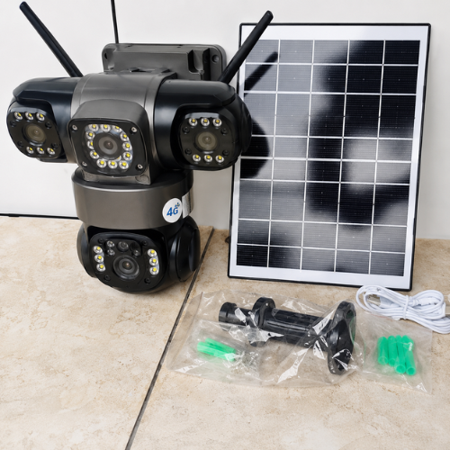 Solar 4G Triple Lens PTZ Security Camera with Remote Control and Two-Way Audio